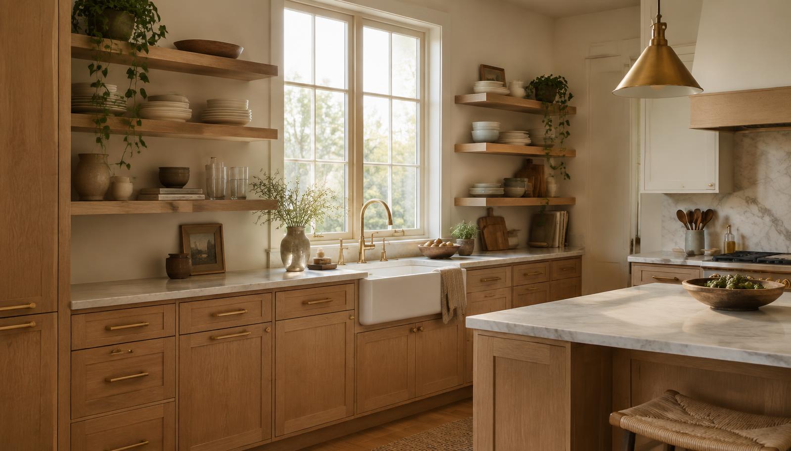 Custom white oak kitchen cabinets with marble countertops